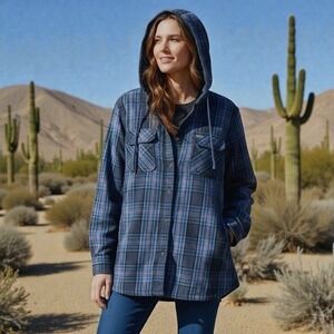 Ariat Rebar Women's Quilted Lined Flannel Hooded Shacket XL Navy Blue Plaid NWT